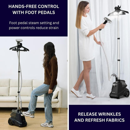 SALAV Heavy Duty Commercial Full-Size Garment Steamer with Foot Pedals and Extra Large 3L (101.5 oz) Water Tank, 1800 watts of Poweful Steam (Navy)
