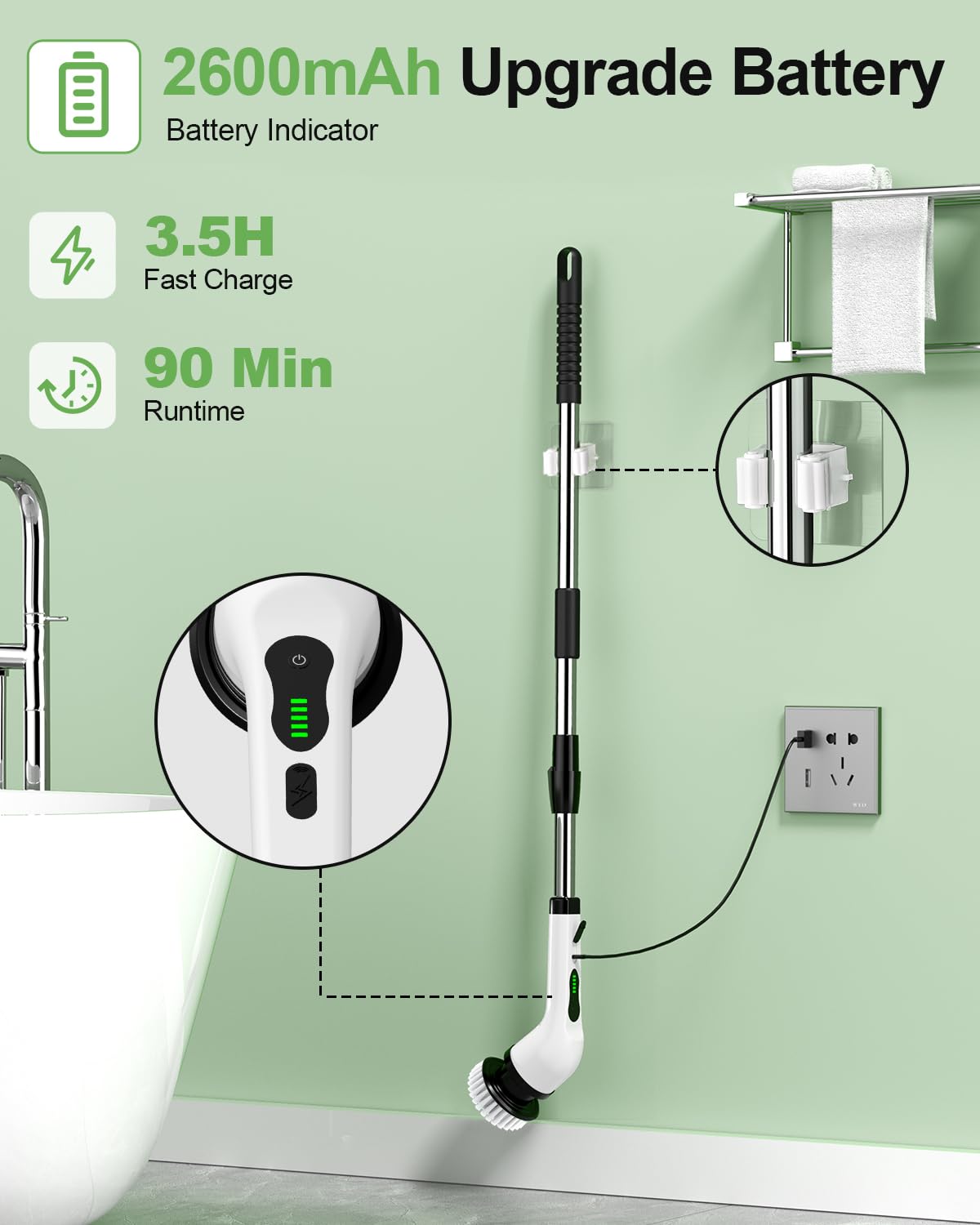Electric Spin Scrubber, Cordless Bathroom Shower Cleaner, Cleaning Brush with 9 Brush Heads 2H Power Dual Speed, Adjustable Extension Handle, IPX7 Waterproof for Tub Tile Floor Car, CA3-White