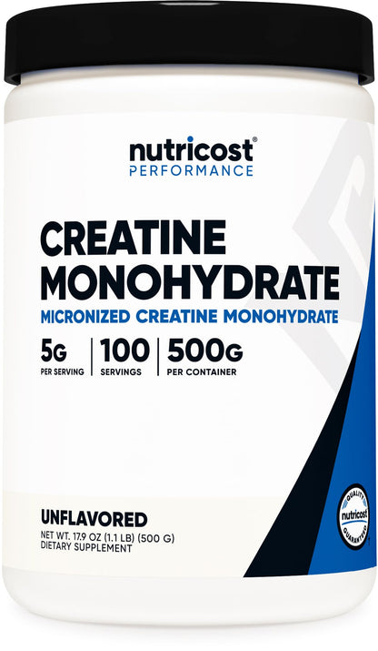 Nutricost Creatine Monohydrate Micronized Powder 500G, 5000mg Per Serv (5g) - Micronized Creatine Monohydrate, 100 Servings, 17.637 Ounes