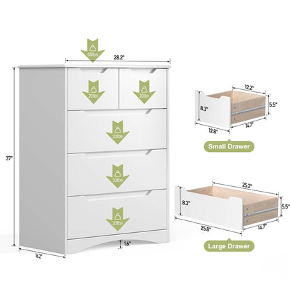 Gizoon 5 Drawers Chest, White Dresser for Dedroom with Embedded Handle, Sturdy Anti-tripping Device, Chest of Drawers with Large Storage Capacity for Hallway, Office, Living Room