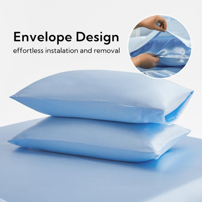 Candoury Satin Sheets Full Size Bed Sheets Set 4 Pcs, Soft and Durable Pillowcase, Flat Sheet and Fitted Sheet, Hotel Luxury Silky Satin Sheets Set (Full, Light Blue)