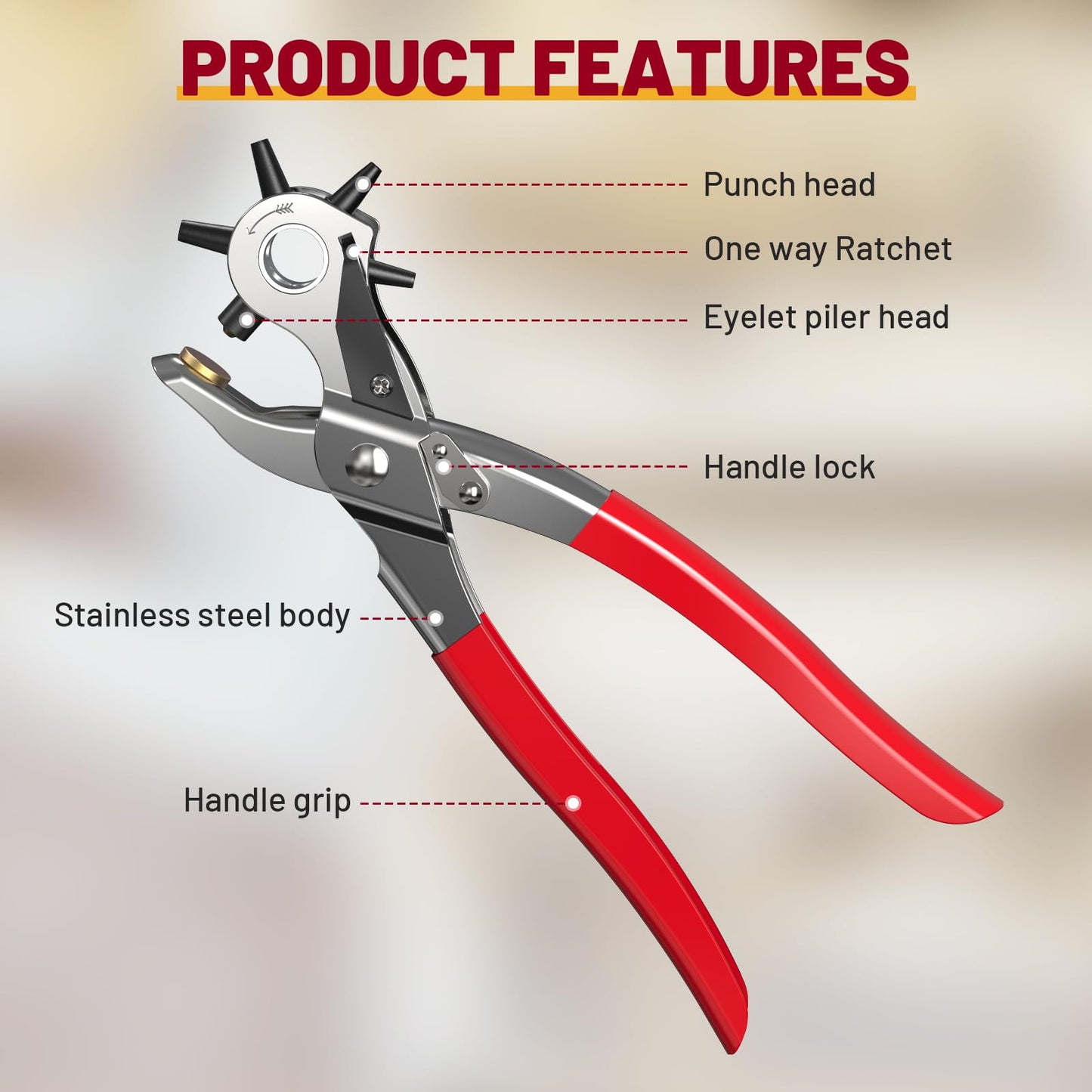 NEU MASTER 2 in 1 Leather Hole Punch Eyelet Tool Kit, 3/16" 4.5mm Revolving Hole Puncher, Eyelet Pliers, Metal Eyelets for Fabric Shoes Leather Clothes Belt