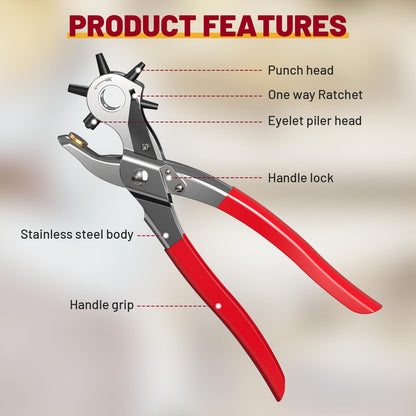 NEU MASTER 2 in 1 Leather Hole Punch Eyelet Tool Kit, 3/16" 4.5mm Revolving Hole Puncher, Eyelet Pliers, Metal Eyelets for Fabric Shoes Leather Clothes Belt