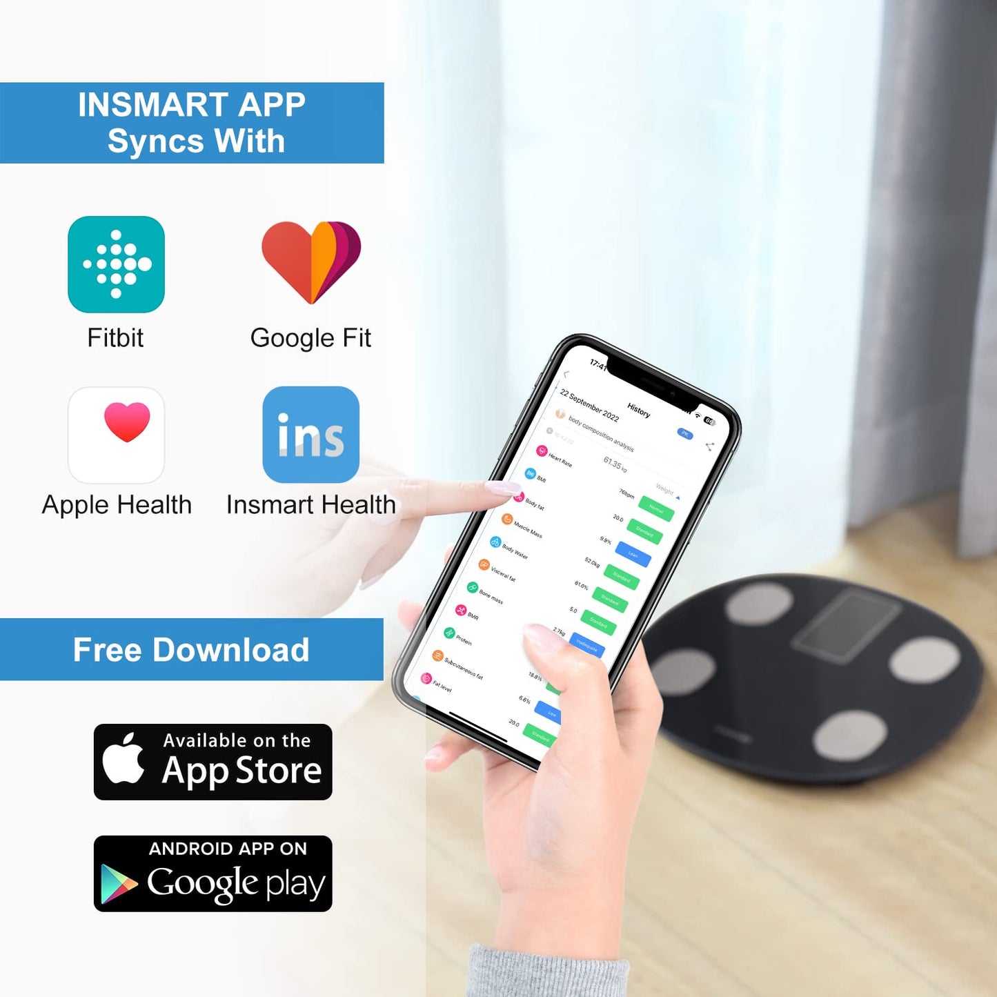 INSMART Smart Scale for Body Weight, All-in-one LCD Display Bathroom Weight Scales Body Fat Scale,Bluetooth Digital Smart Weighing Scale with Heart Rate,Heart Index & Body Composition Analyzer,396 lbs