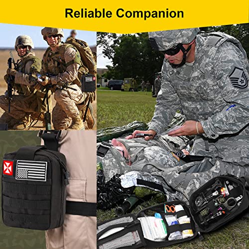 Survival First Aid Kit, 248PCS Survival Tools Camping Essentials Tactical Gear Emergency Trauma Medical Supplies Packed in a MOLLE Pouch, Saber Card ,Cool for Men Camping Hiking Outdoor Activities