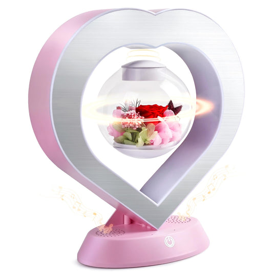 LoveLin Heart Preserved Rose Flowers with Bluetooth Speakers, 5W Pink Magnetic Levitation Table Lamp with Variable Color LED Light, Unique Forever Flower Gift for Women, Girls, Mother and Grandma
