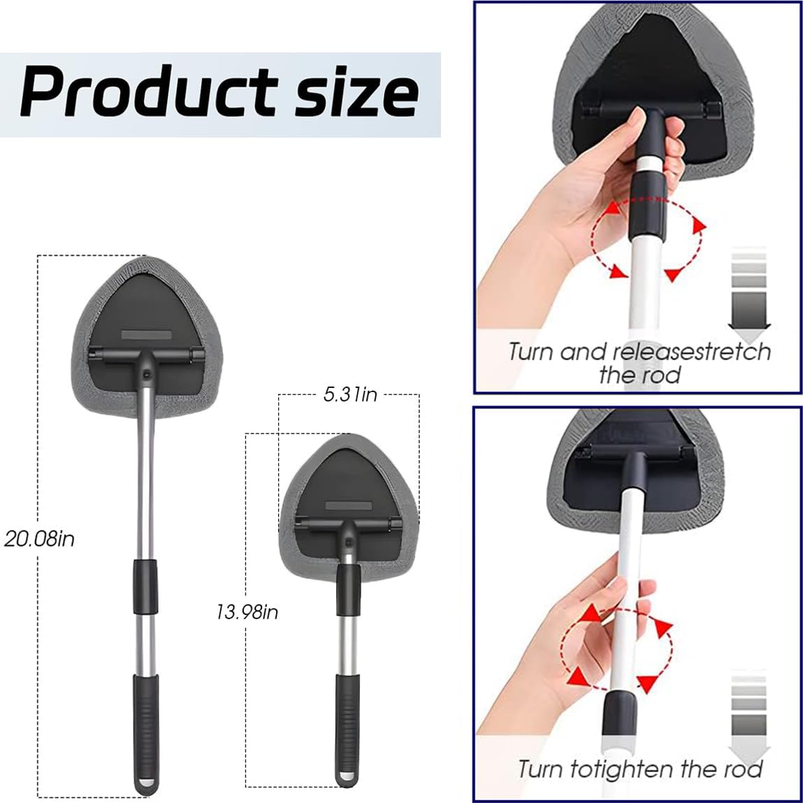 Windshield Cleaner Tool with Rotating Extendable Handle, 4 Reusable Microfiber Pads, Aluminum Window Cleaning Wand for Car Interior, Auto Glass, RV, Truck, with 30ml Spray Bottle