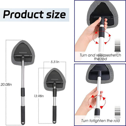 Windshield Cleaner Tool with Rotating Extendable Handle, 4 Reusable Microfiber Pads, Aluminum Window Cleaning Wand for Car Interior, Auto Glass, RV, Truck, with 30ml Spray Bottle
