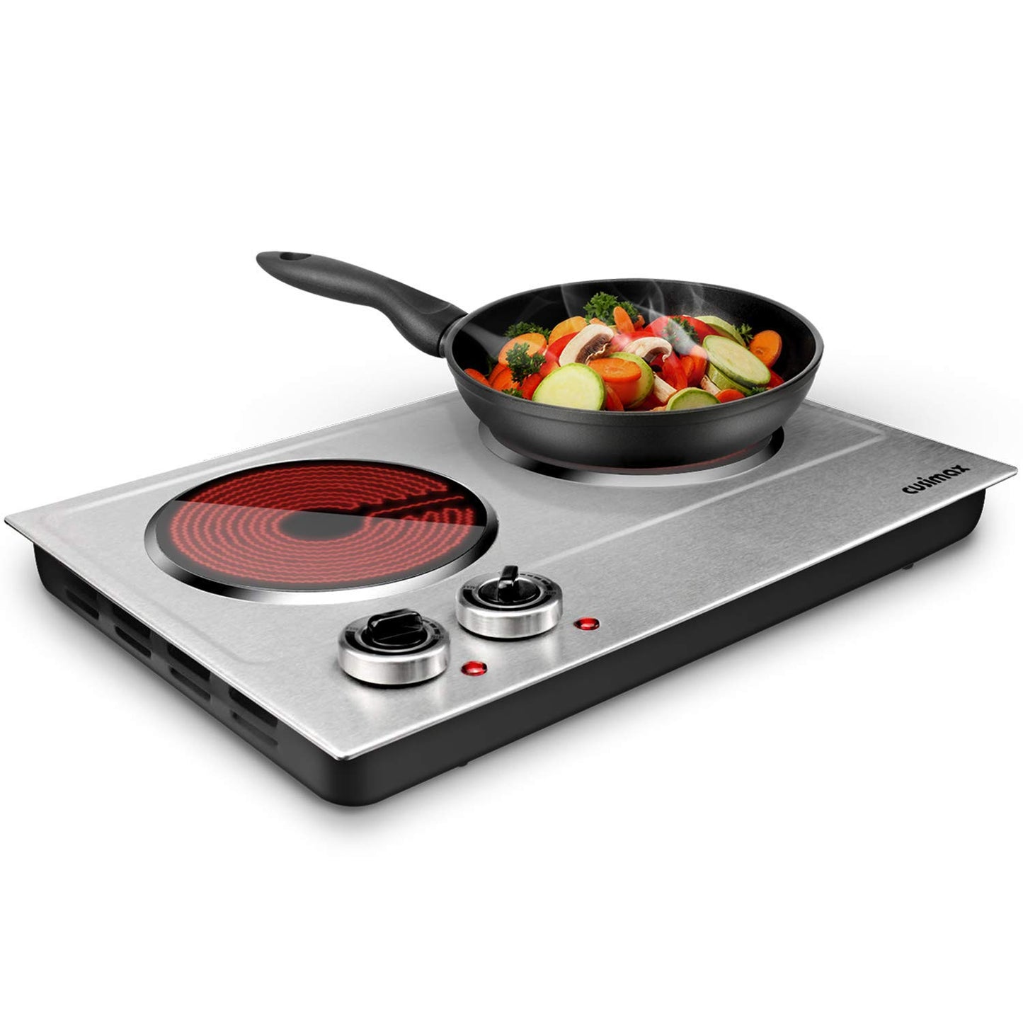 CUSIMAX 1800W Ceramic Electric Hot Plate for Cooking, Dual Control Infrared Cooktop, Double Burner, Portable Countertop Burner, Glass Plate Electric Cooktop, Silver, Stainless Steel-Upgraded Version