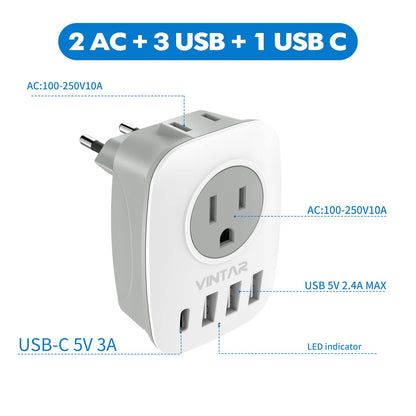 [2-Pack] European Travel Plug Adapter, VINTAR International Power Plug Adapter with 1 USB C, 2 American Outlets and 3 USB Ports, 6 in 1 Travel Essentials to Most of Europe Greece, Italy(Type C)