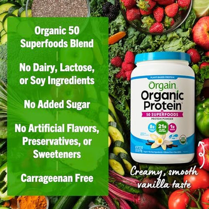 Orgain Organic Vegan Protein + 50 Superfoods Powder, Vanilla Bean - 21g Plant Based Protein, 8g Prebiotic Fiber, No Lactose Ingredients, Gluten Free, No Added Sugar, Non-GMO, 2.02 lb