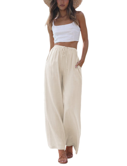 Faleave Women's Cotton Linen Summer Palazzo Pants Flowy Wide Leg Beach Trousers with Pockets(Apricot-M)
