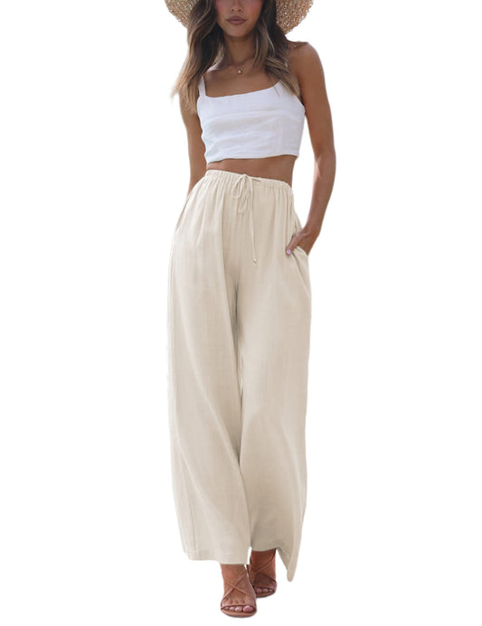 Faleave Women's Cotton Linen Summer Palazzo Pants Flowy Wide Leg Beach Trousers with Pockets(Apricot-M)