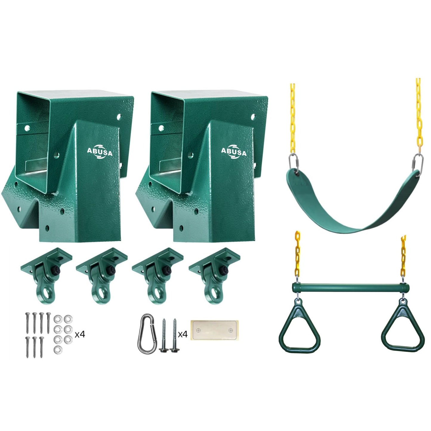 ABUSA Heavy Duty Swing Sets Brackets Including 2 Green A-Frame Swing Set Brackets 1 Swing Seat 1 Ring Trapeze Bar and 4 Swing Hangers for Playground Equipment Mounting Parts Hardware Included