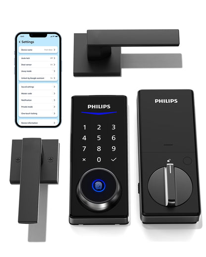 Philips Smart Lock with Handles, Keyless Entry Door Lock Set, Smart Door Lock with 2 Level Handles, Digital Keypad Deadbolt for Front Door, App Unlock, Fingerprint Unlock, PIN Code Unlock, Auto Lock