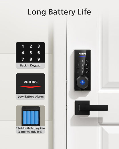 Philips Fingerprint Door Lock with 2 Lever Handles Set, Keyless Entry Door Lock with Handles, Electronic Door Lock Set with Code, Door Lock Set for Front Door,Auto Lock, Touchscreen Keypad with Key