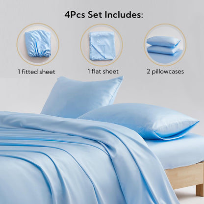 Candoury Satin Sheets Full Size Bed Sheets Set 4 Pcs, Soft and Durable Pillowcase, Flat Sheet and Fitted Sheet, Hotel Luxury Silky Satin Sheets Set (Full, Light Blue)