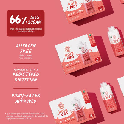 Koia Kids Plant Based Protein Shake, Fruity Cereal, Ready to Drink, 9g Protein, 4g Low Sugar, 4g Fiber, 21 Vitamins & Minerals, Dairy-Free, Allergen-Free, Organic, Non-GMO, 8 Fl Oz (Pack of 12)