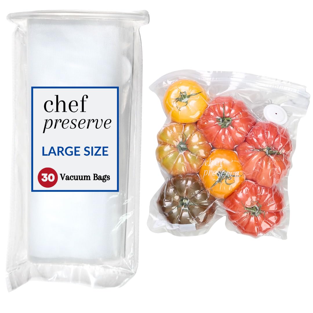 Chef Preserve Reusable Vacuum Sealer Bags for Food – 30 BPA-Free Large (12 x 13 in) Food Storage Bags, Freezer, Microwave – Odor-Resistant, Leak-Proof – Compatible with Chef Preserve Vacuum Sealers