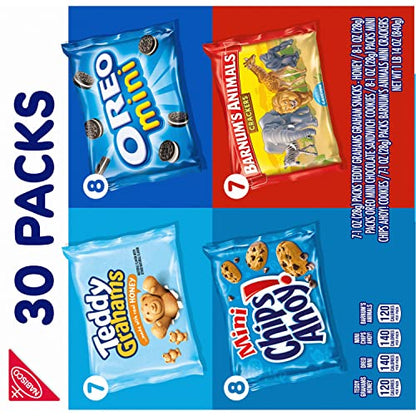 Nabisco Team Favorites Variety Pack, OREO Mini, CHIPS AHOY! Mini, Teddy Grahams Honey & Barnum's Animal Crackers, School Snacks, 30 Snack Packs