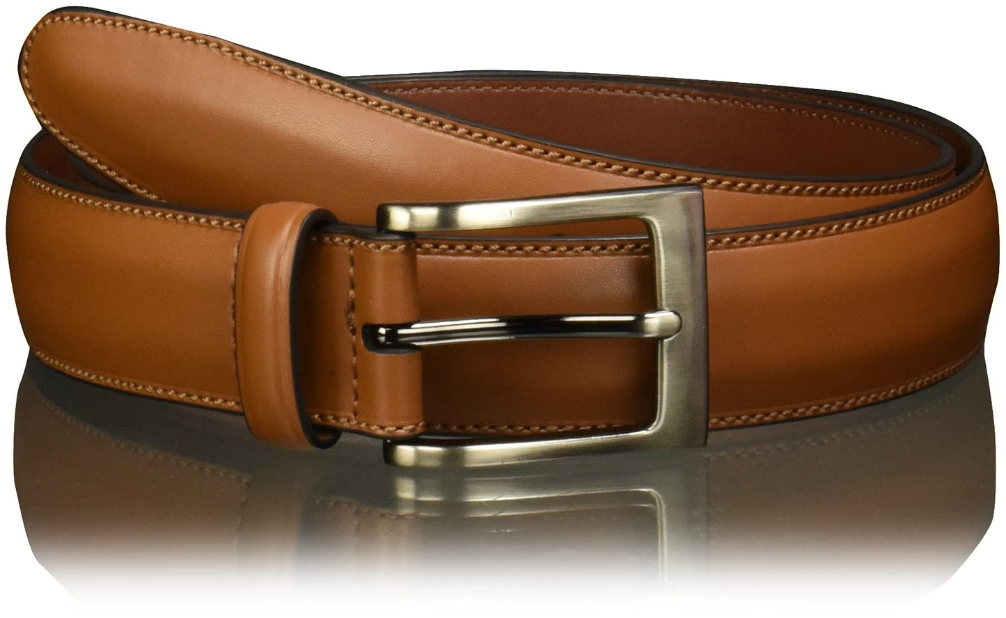 Perry Ellis Men's Leather Belt with Stitched Edges, Silver Prong Buckle, 1.5" Width (Available in Big & Tall), Timothy Cognac, 34