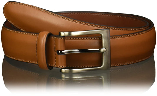 Perry Ellis Men's Leather Belt with Stitched Edges, Silver Prong Buckle, 1.5" Width (Available in Big & Tall), Timothy Cognac, 34