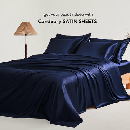 Candoury Satin Sheets Bed Set 4 Pcs, King Size Silky Bedding Set, Soft and Durable Pillowcase, Flat Sheet and Fitted Sheet, Hotel Luxury Bed Sheets Set(King, Navy Blue)