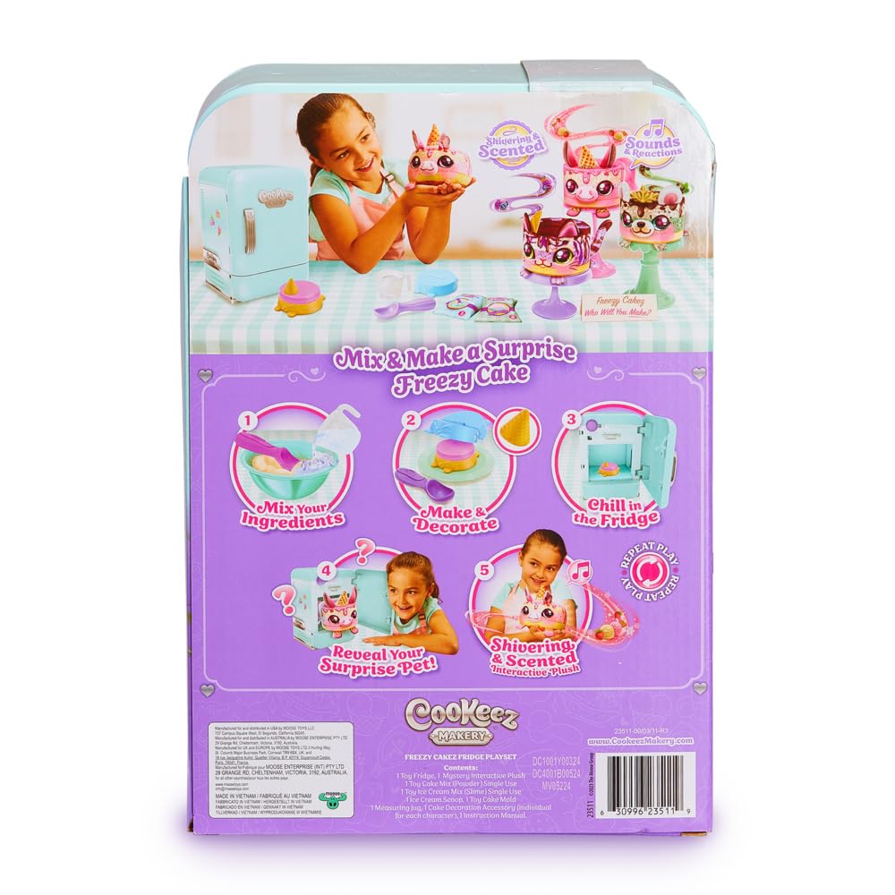 Cookeez Makery Freezy Cakez. Mix & Decorate Your Plush Best Friend! Place Your Cake Mix in The Freeze and Be Amazed When A Scented, Shivering, Interactive Plush Friend Comes Out. Styles May Vary