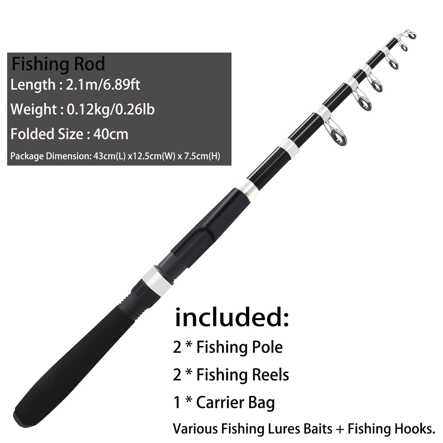 Fishing Pole Combo Set,2.1m/6.89ft 2PCS Collapsible Rods 2PCS Spinning Reels Mono Fishing line Come Setup Already！Lures Set Carrier Bag Freshwater Kit Fishing Rod Reel Combos ministoream