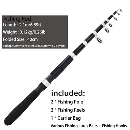 Fishing Pole Combo Set,2.1m/6.89ft 2PCS Collapsible Rods 2PCS Spinning Reels Mono Fishing line Come Setup Already！Lures Set Carrier Bag Freshwater Kit Fishing Rod Reel Combos ministoream