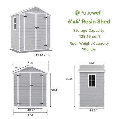 Patiowell 6x4 FT Plastic Outdoor Storage Shed, Resin Outside Shed Perfect to Store Patio Furniture, GardenTools Bike Accessories, Beach Chairs and Lawn Mower, Light Grey