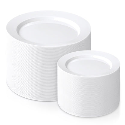 FLOWERCAT 200PCS White Plastic Plates Disposable Plates for Party - Heavy Duty Plastic Plates - 100 10" Dinner Plates and 100 7" Salad Plates for Wedding & New Year Parties and Events