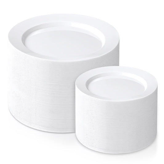 FLOWERCAT 200PCS White Plastic Plates Disposable Plates for Party - Heavy Duty Plastic Plates - 100 10" Dinner Plates and 100 7" Salad Plates for Wedding & New Year Parties and Events