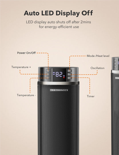 TaoTronics Space Heater, 24'' Tower Heater, Electric Heater for Inside Home,  1500W Portable Heater with Remote, 70° Oscillating Heater, 12H Timer, PTC Ceramic Heater