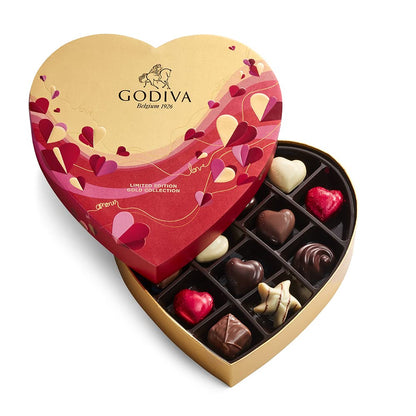 Godiva Chocolatier Valentine’s Day Heart Chocolate Gift Box - 14 Piece Assorted Milk, White and Dark Chocolate with Gourmet Fillings – Elegant Treat for Women or Men