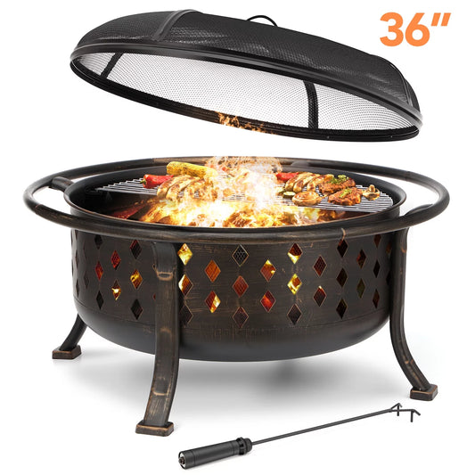 Singlyfire 36 inch Fire Pit for Outside Wood Burning Fire Pit Large Deep Fire Bowl for Camping Picnic Bonfire Patio Outside Backyard Garden Bonfire Pit with Cooking Grill Grate Spark Screen Log Grate