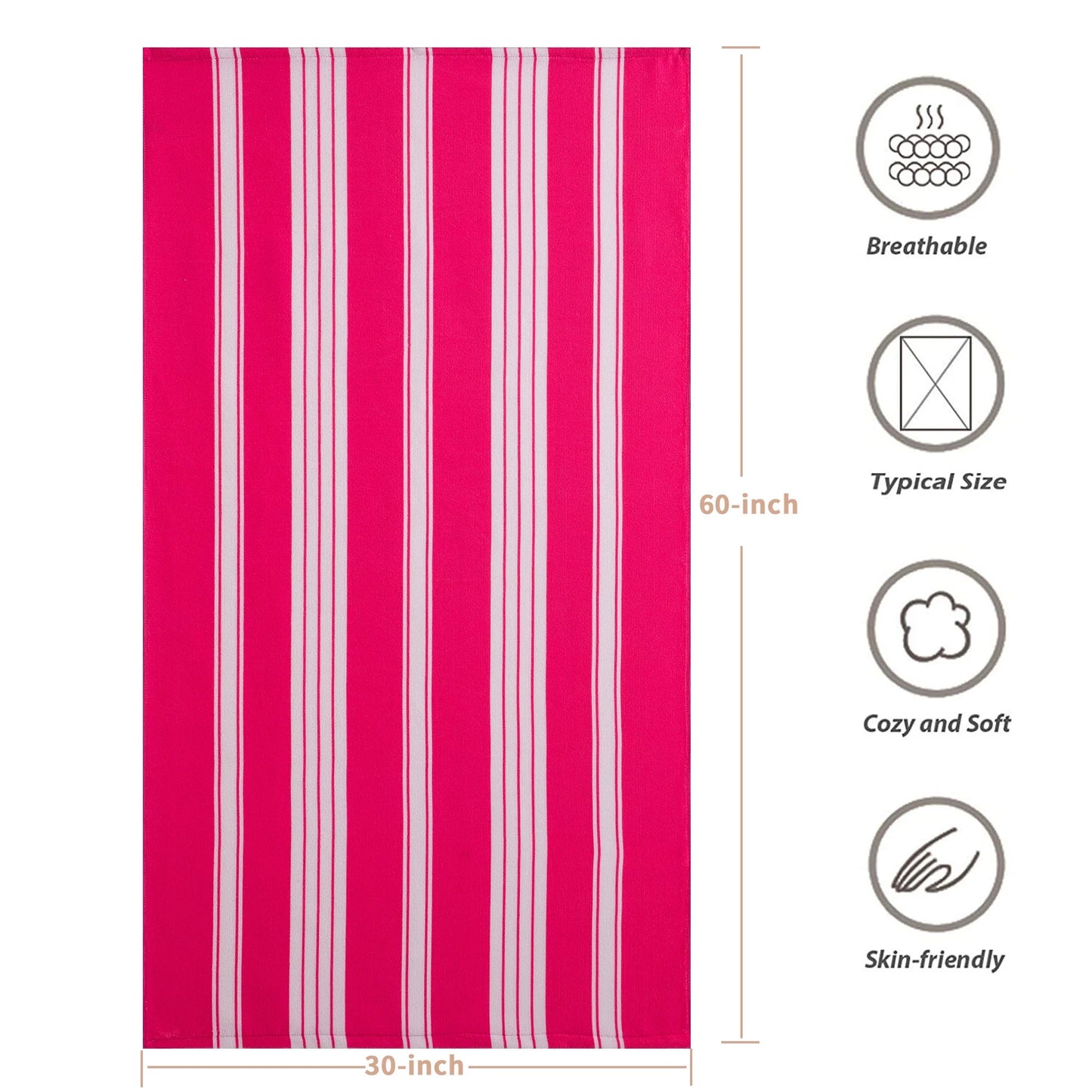 Smuge 2 Pack Oversized Cabana Stripe Beach Towels, 60x30 inches Microfiber Outdoor Large Swim Towel for Adults (Rose Red)