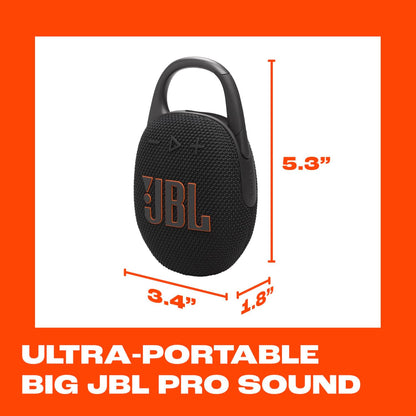 JBL Clip 5 - Ultra-Portable, Waterproof & Dustproof Bluetooth Speaker, Big Pro Sound with Punchy bass, Integrated Carabiner, Up to 12 Hours of Play, Made in Part with Recycled Materials (Black)