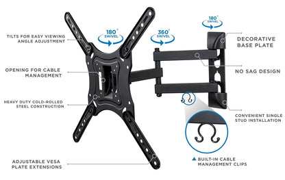 Mount-It! Full Motion TV Wall Mount with Swivel Arm for 28" 32" 40" 43" 48" 50" 55" Inch Flat Screen TVs