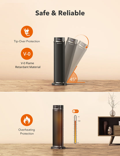 TaoTronics Space Heater, 24'' Tower Heater, Electric Heater for Inside Home,  1500W Portable Heater with Remote, 70° Oscillating Heater, 12H Timer, PTC Ceramic Heater