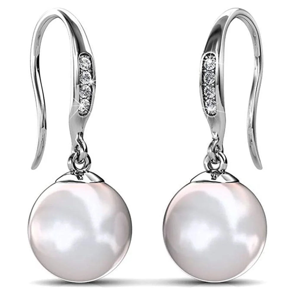 Cate & Chloe Betty 18k White Gold Plated Pearl Drop Earrings with Swarovski Crystals Gift for Women