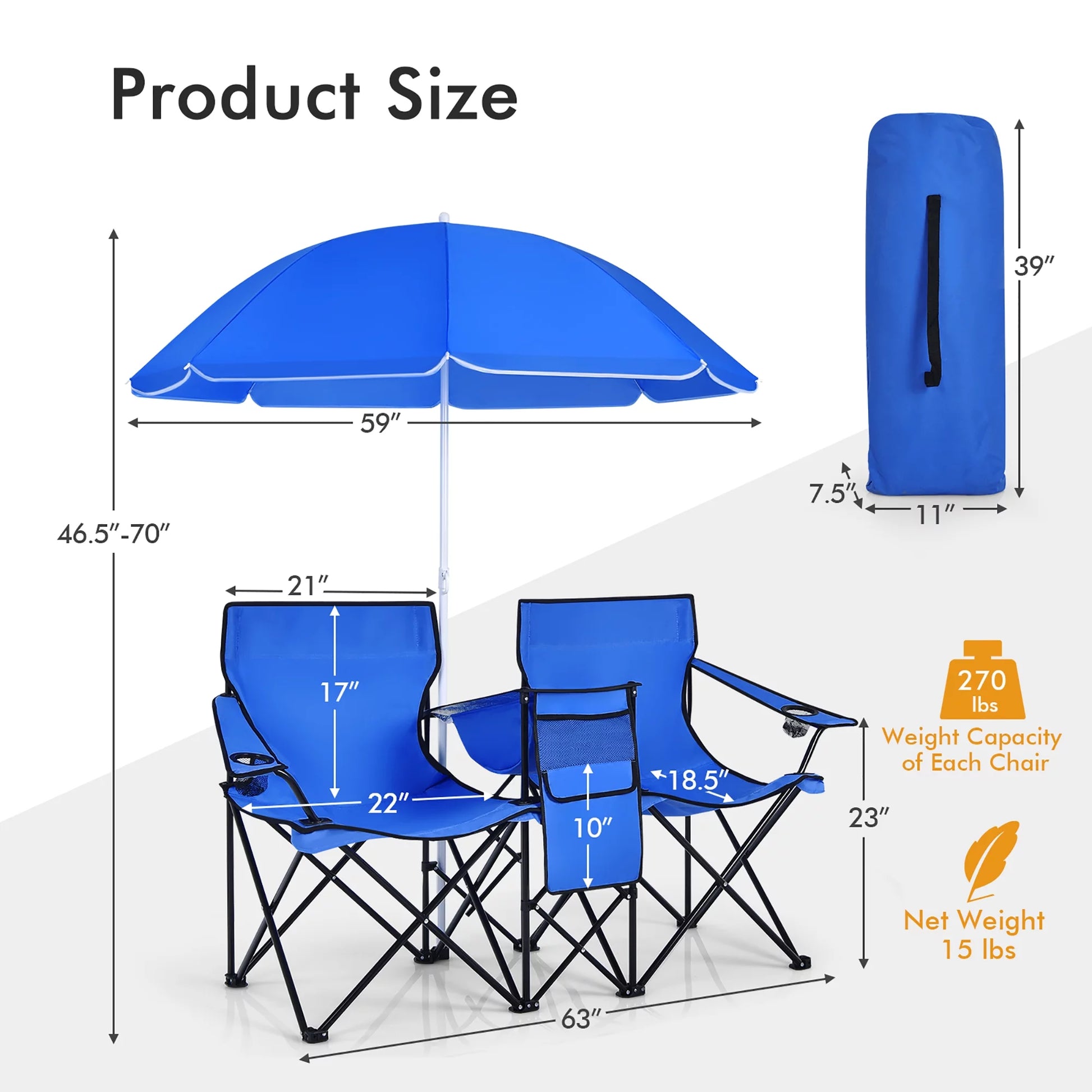 Costway Portable Folding Picnic Double Chair W/Umbrella Table Cooler Beach Camping Chair