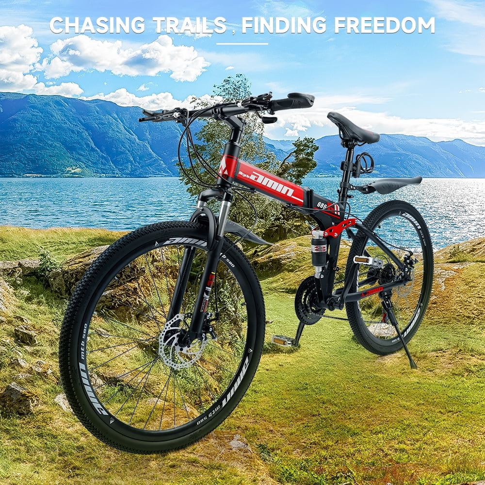 ARTUDATECH Full Suspension Mens Folding Mountain Bike, Shimano 21 Speed, 26 Inch Wheel, Dual Disc Brake Foldable Bike for Men Womens Adult Bicycle