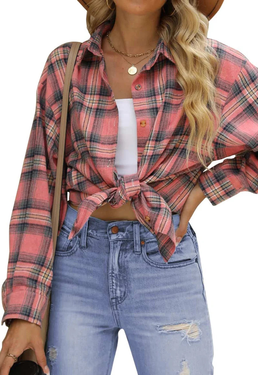 Fantaslook Plaid Flannel Shirts for Women Oversized Long Sleeve Button Down Shirts Blouses Tops