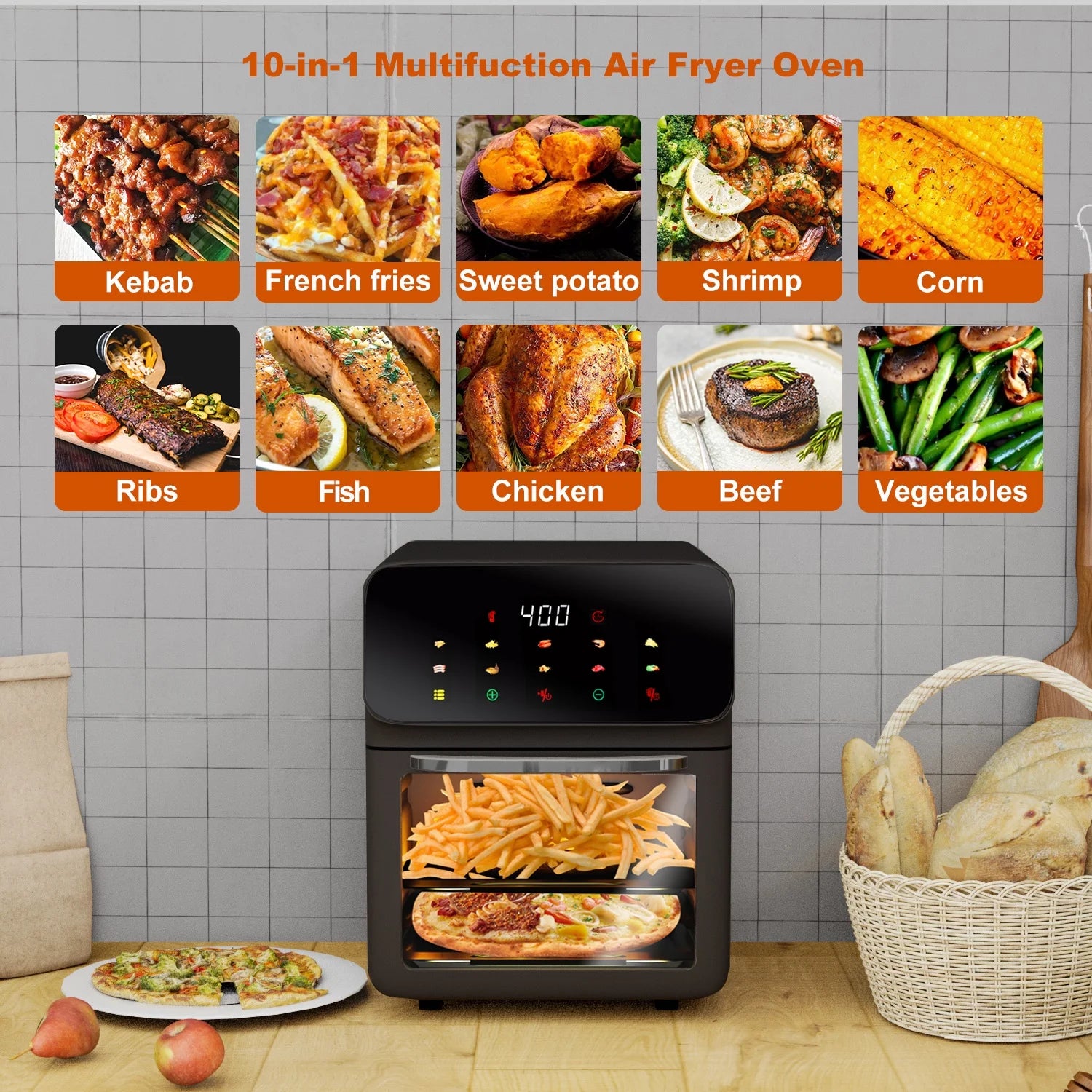 Evo Chef Air Fryer 12QT Convection Oven with 10-in-1 Multi Function, Visible Window and Touchscreen, Black