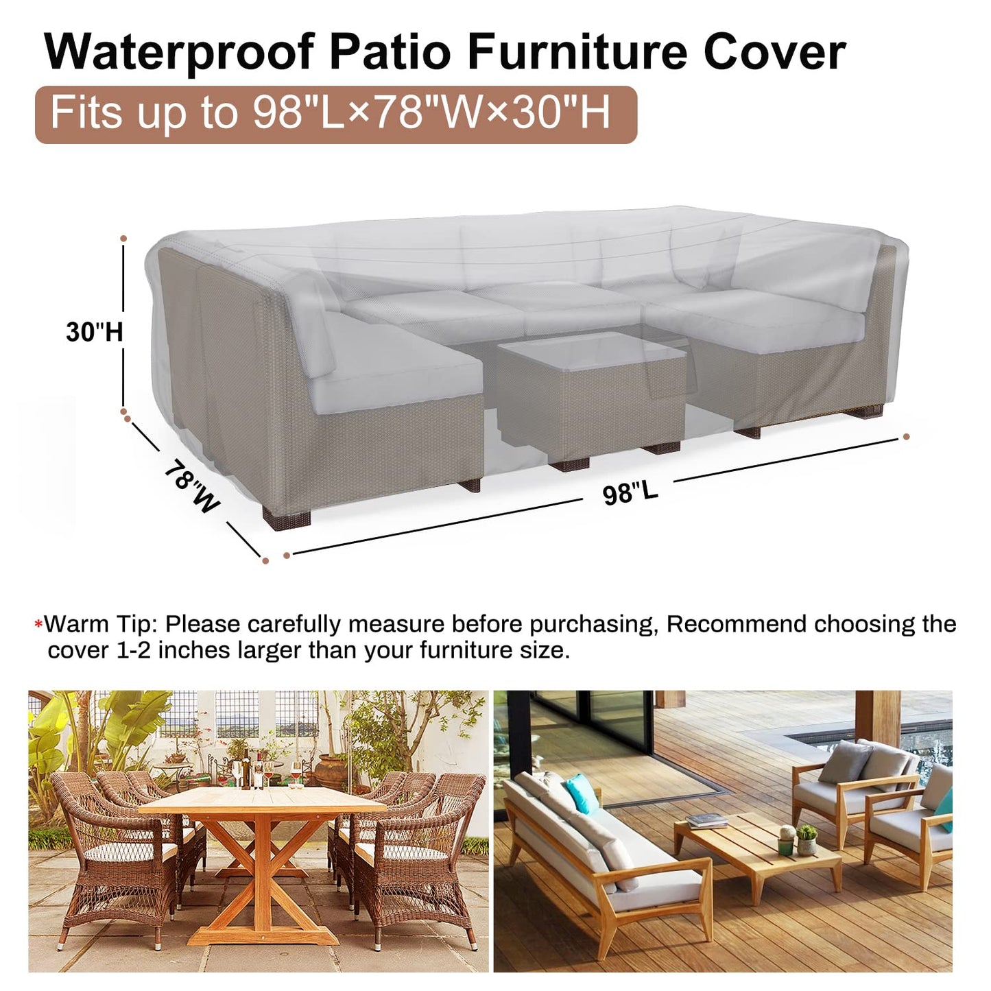 Mrrihand Patio Furniture Set Cover Waterproof, Outdoor Sectional Sofa Set Cover Heavy Duty 600D Table and Chair Set Cover 98" L× 78" W× 30" H