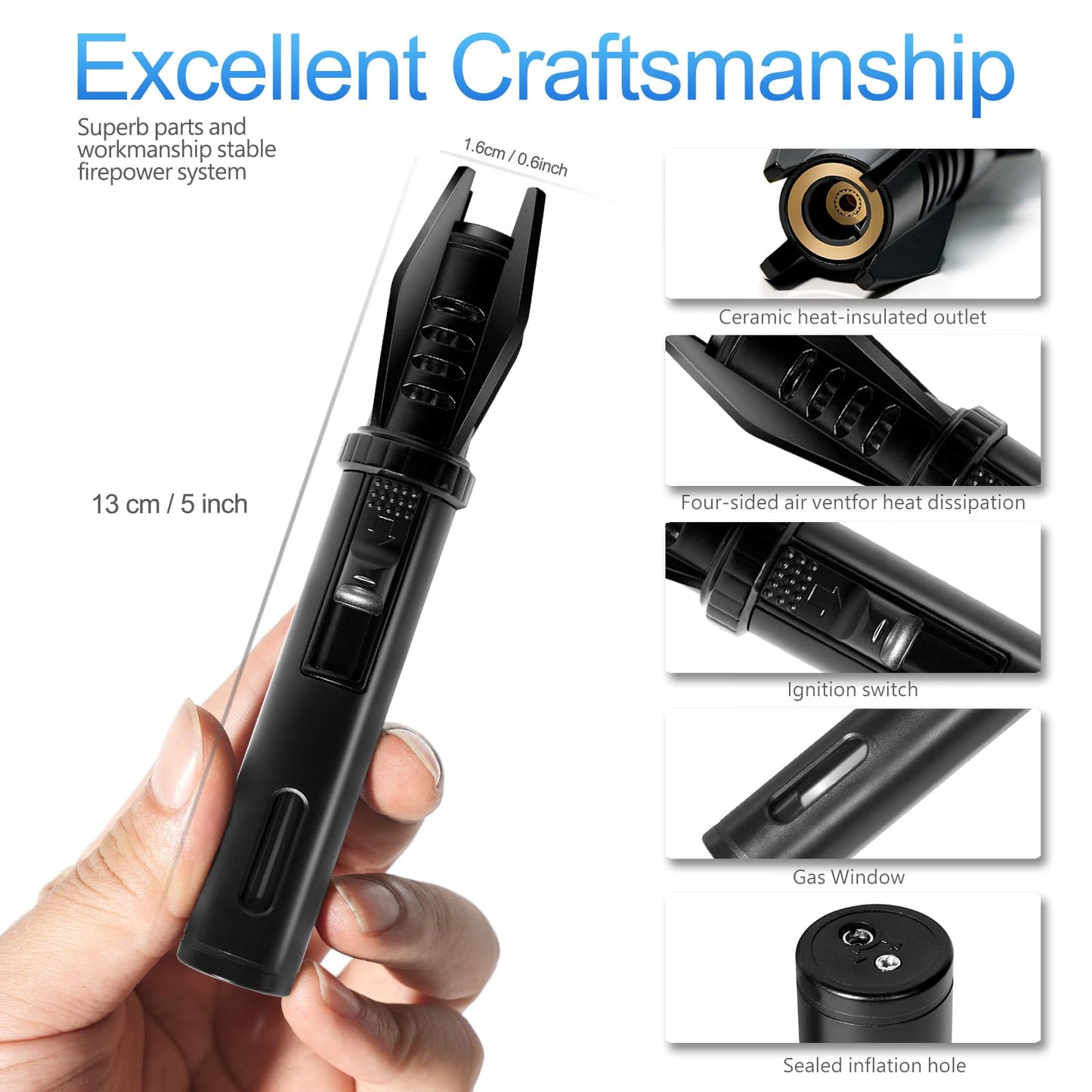 Camping Mini Torch Lighter Small Refillable Butane Lighters Pocket Tactical EDC Windproof Jet Flame with Visual Window for Hiking Survival Kitchen Candle Fireplace Home Party BBQ, 5" (Without Fuel)