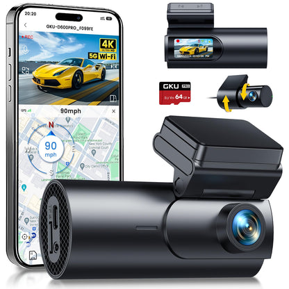 GKU Dash Cam Front and Rear Camera,4K+1080P, 5.8GHz WiFi & GPS Dash Camera for Cars,with 64G SDcard,1.47" Display Dashcam, 24HParking Mode,App Control,Super Night Vision,WDR,Support Max 256GB