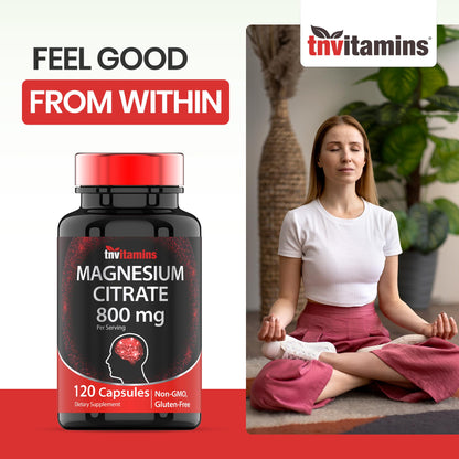 TNVitamins Magnesium Citrate 800 MG - 120 Capsules | Two Month Supply! | Pure Magnesium Citrate Powder Capsules | Citrato De Magnesio | Non-GMO | Produced in the USA!