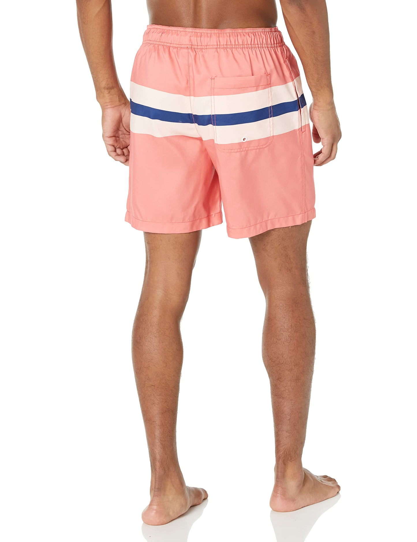 Amazon Essentials Men's 7" Quick-Dry Swim Trunk, Blue Coral Pink Stripe, Large